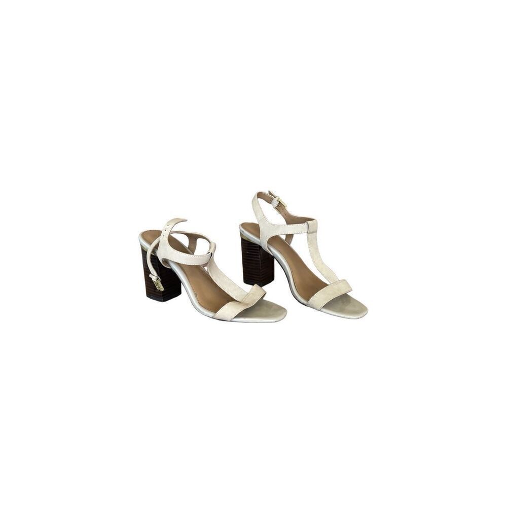 Calvin Klein Womens Cream Leather Open Toe T Strap Block Heel Sandal Size 40